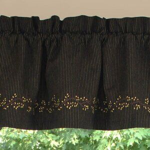 New Primitive Ticking Black Valance with Berry Vine design